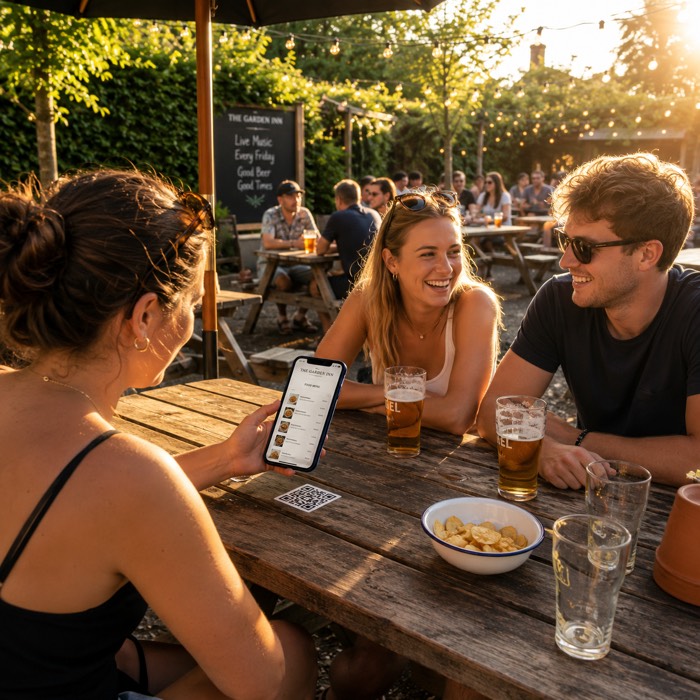 Amigos numa esplanada de cerveja soalheira de pub usando pedidos por código QR numa mesa de piquenique de madeira — um telemóvel mostra a carta de comida ao lado do autocolante QR da mesa