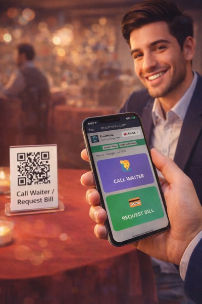 Guest scanning QR code to call waiter with EnuMenu