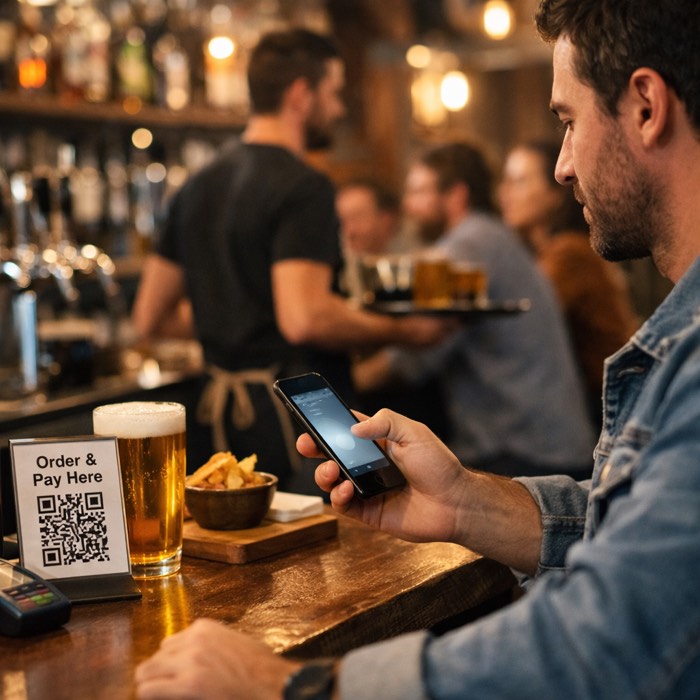 Pub customer scanning a QR code on the bar to order a beer from his phone
