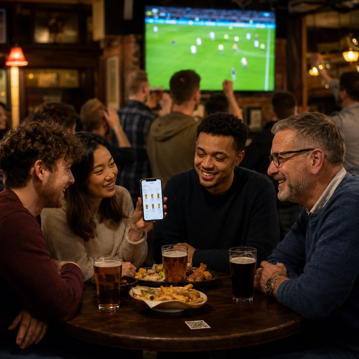 Soccer fans watching the World Cup in a packed bar, ordering a round of drinks with a QR code on their phone